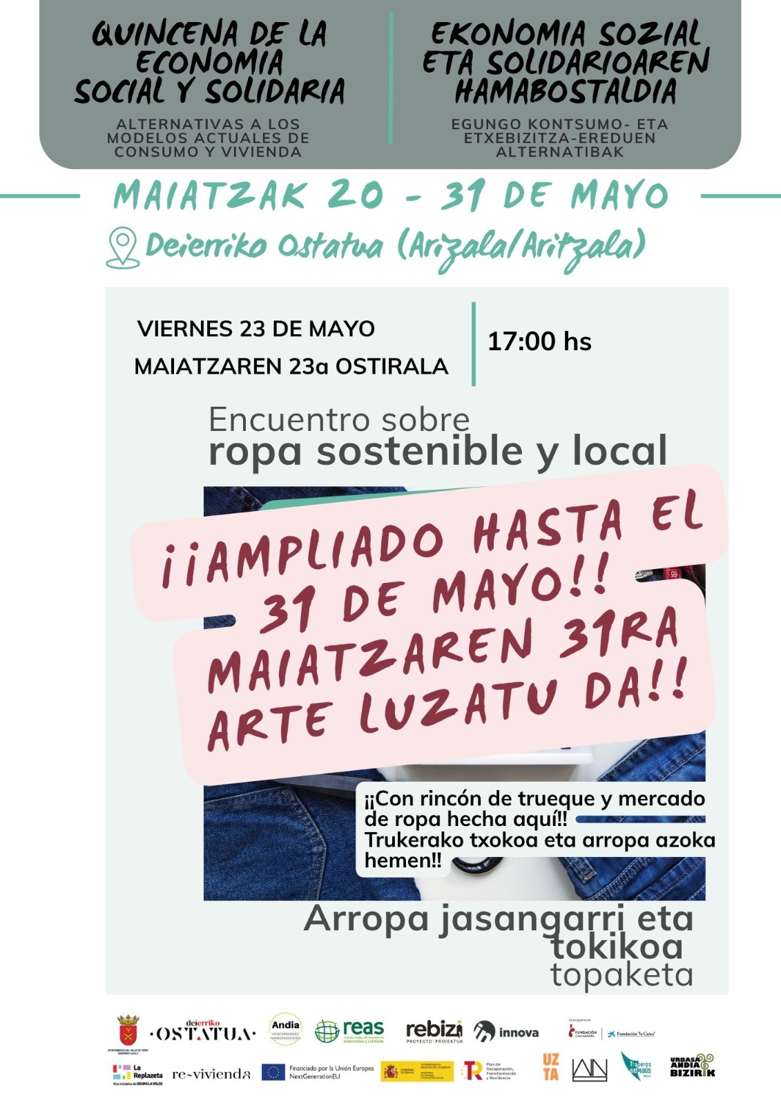 EKONOMIA SOZIAL ETA SOLIDARIOAREN HAMABOSTALDIA – Arropa jasangarri eta lokalari buruzko topaketa 👚👖♻ EKONOMIA SOZIAL ETA SOLIDARIOAREN HAMABOSTALDIA – Arropa jasangarri eta lokalari buruzko topaketa 👚👖♻